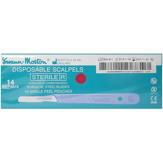 #14 Swann Morton Disposable Scalpels Dermaplaning Handle + Stainless Blade Sterile, Box of 10 Canada