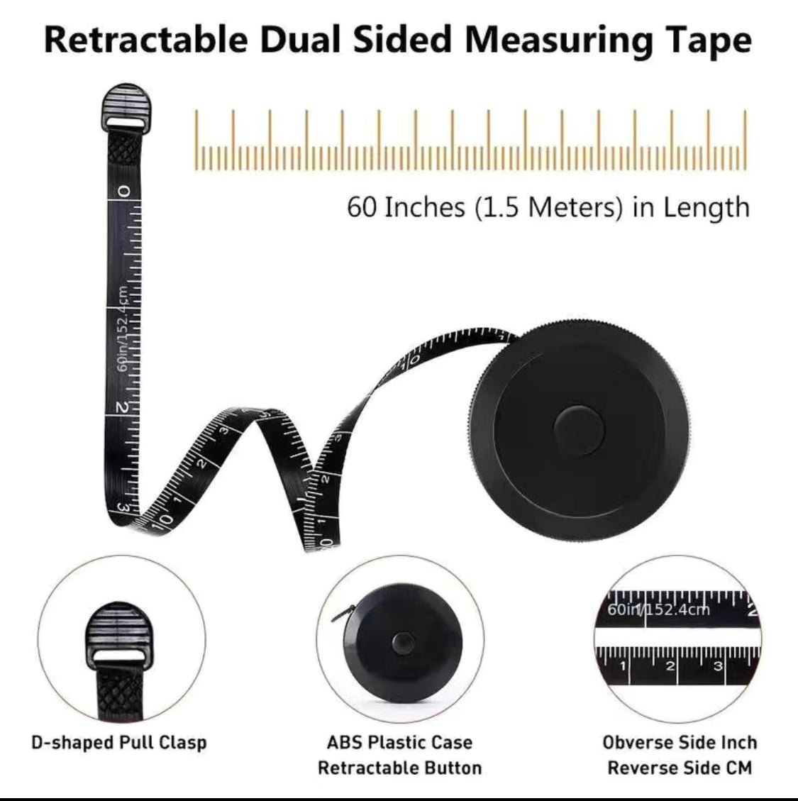 60 inch Tape Measure, Soft Double Sided Black Canada