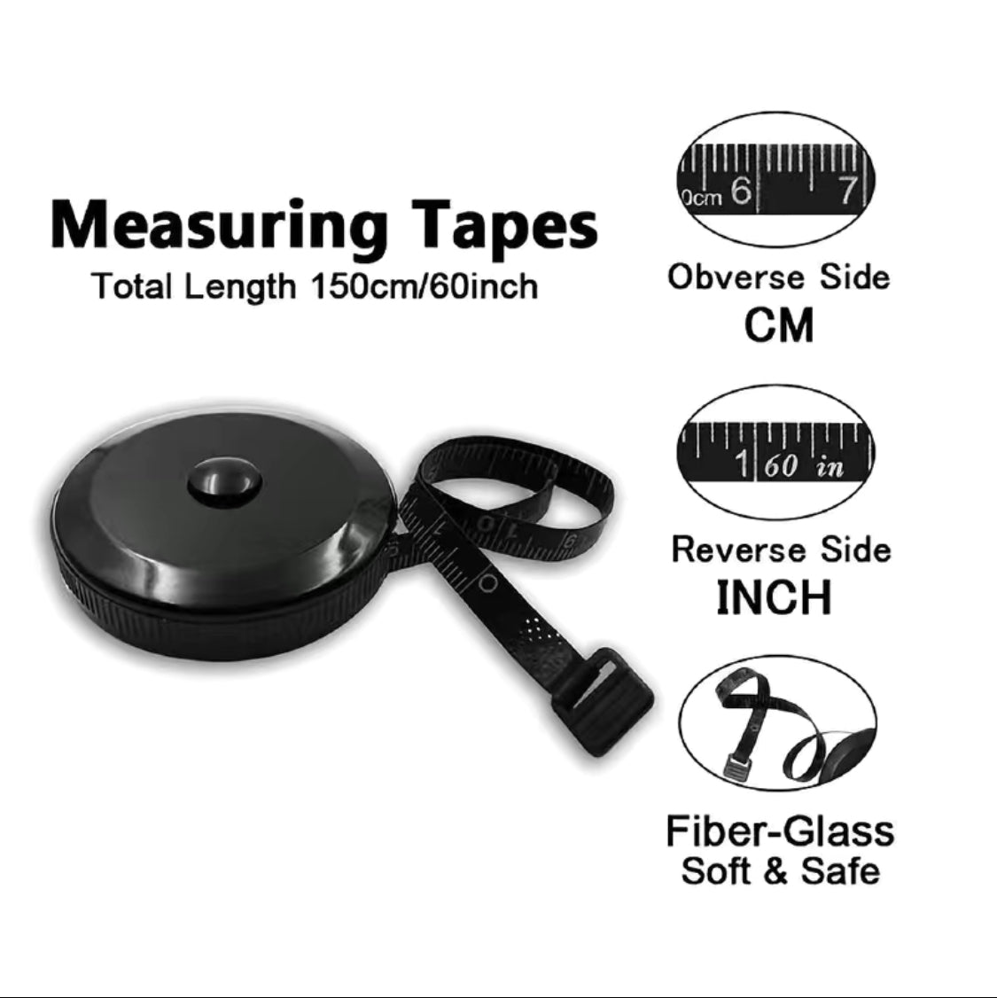 60 inch Tape Measure, Soft Double Sided Black Canada