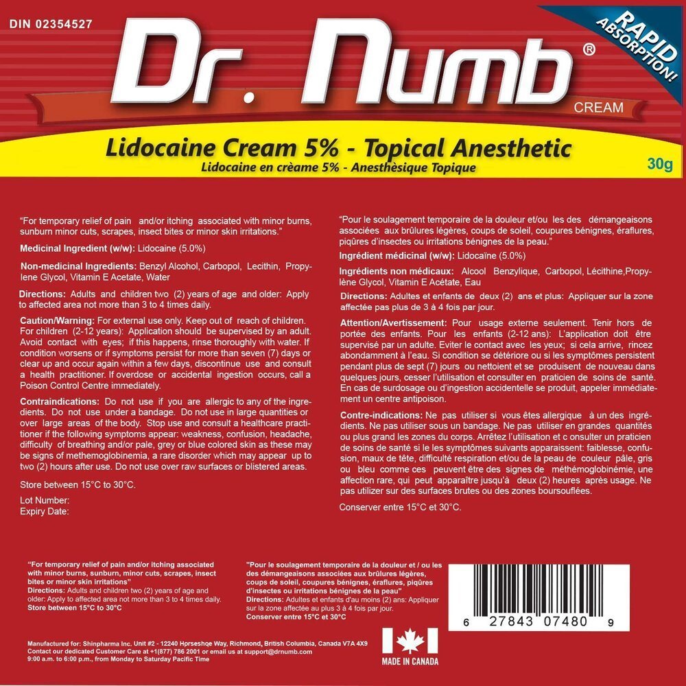 Dr Numb 5% Lidocaine Numbing Cream | Topical Numbing Cream for Laser, Microneedling + Tattoo Removal Canada